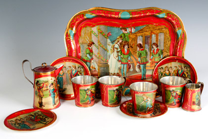 Many Tin Litho Doll Tea Sets